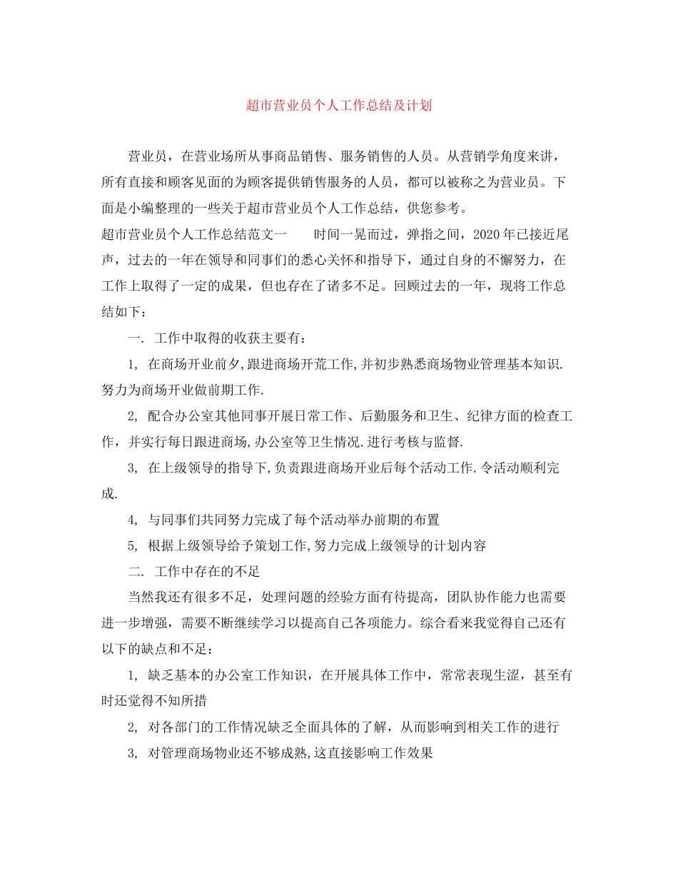 超市营业员个人工作总结及计划_第1页