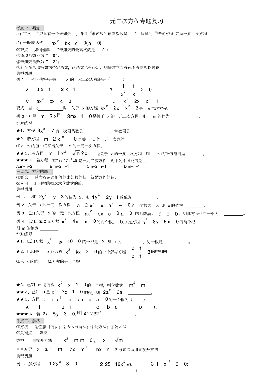 一元二次方程知识点+考点+题型总结_第1页