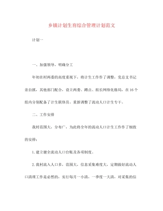 乡镇计划生育综合管理计划范文