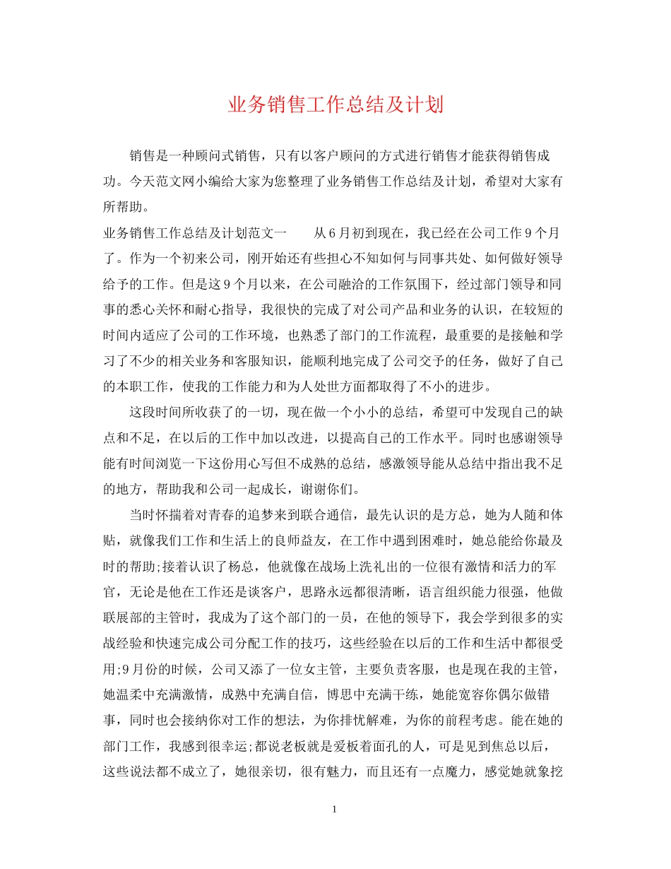 业务销售工作总结及计划_第1页