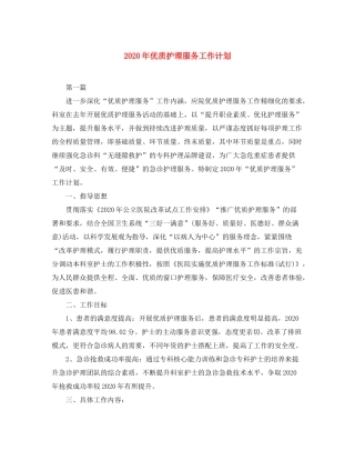 2020年优质护理服务工作计划