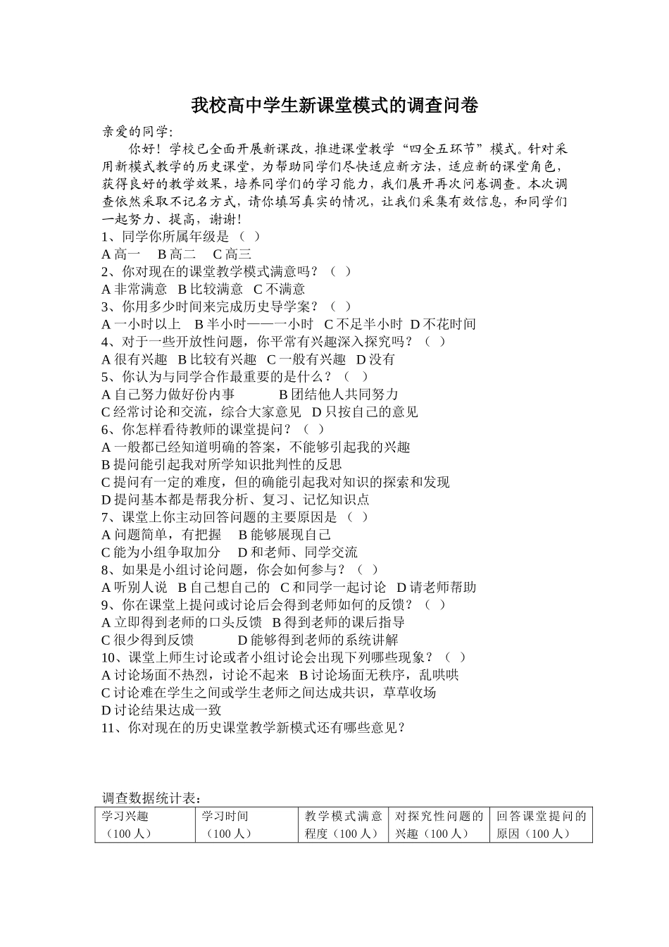 我校高中学生新课堂模式的调查问卷_第1页