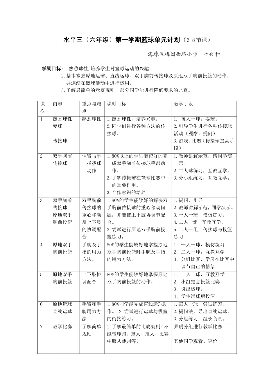 水平三第一学期篮球单元计划_第1页