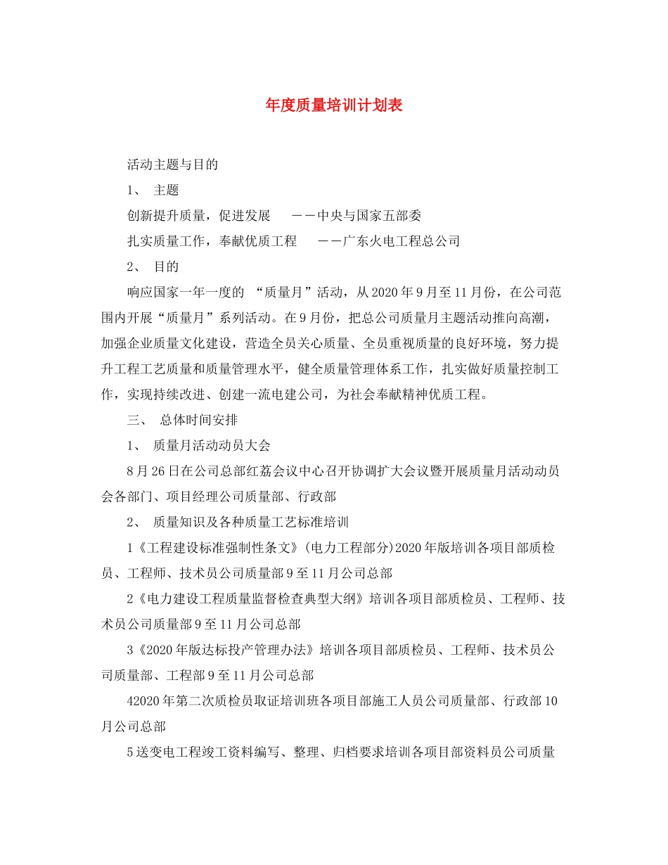 2020年度质量培训计划表_第1页