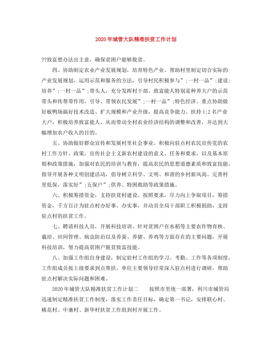 2020年城管大队精准扶贫工作计划_第1页