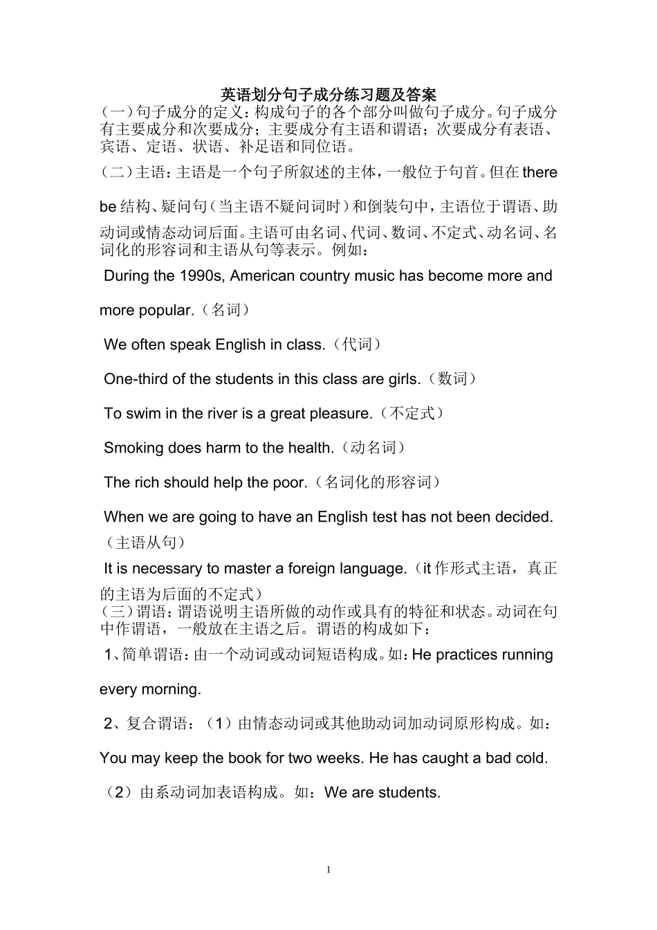 英语划分句子成分练习题及答案_第1页