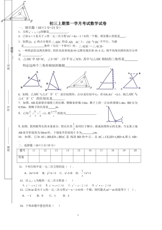 九年级上期第一学月数学测试卷