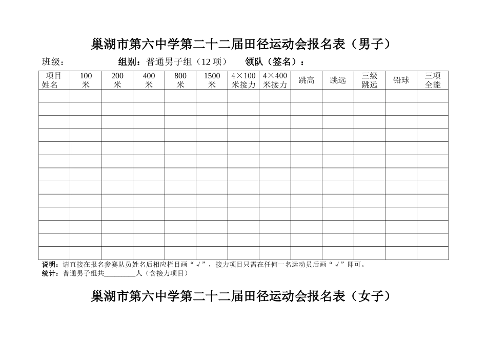 巢湖市第六中学第二十二届田径运动会报名表_第1页
