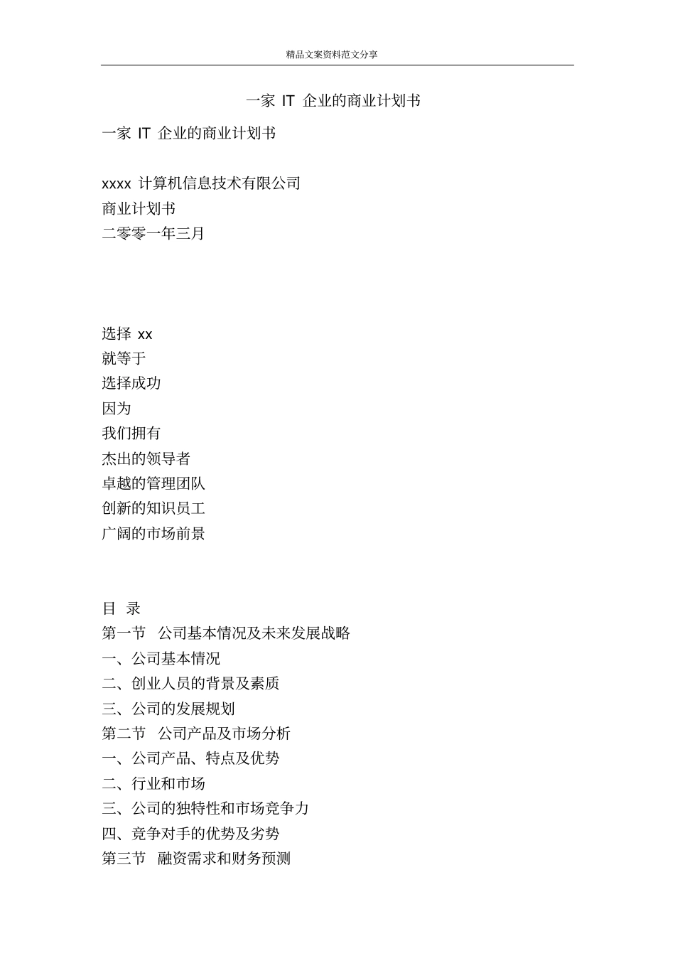 一家IT企业的商业计划书-精品文案范文_第1页