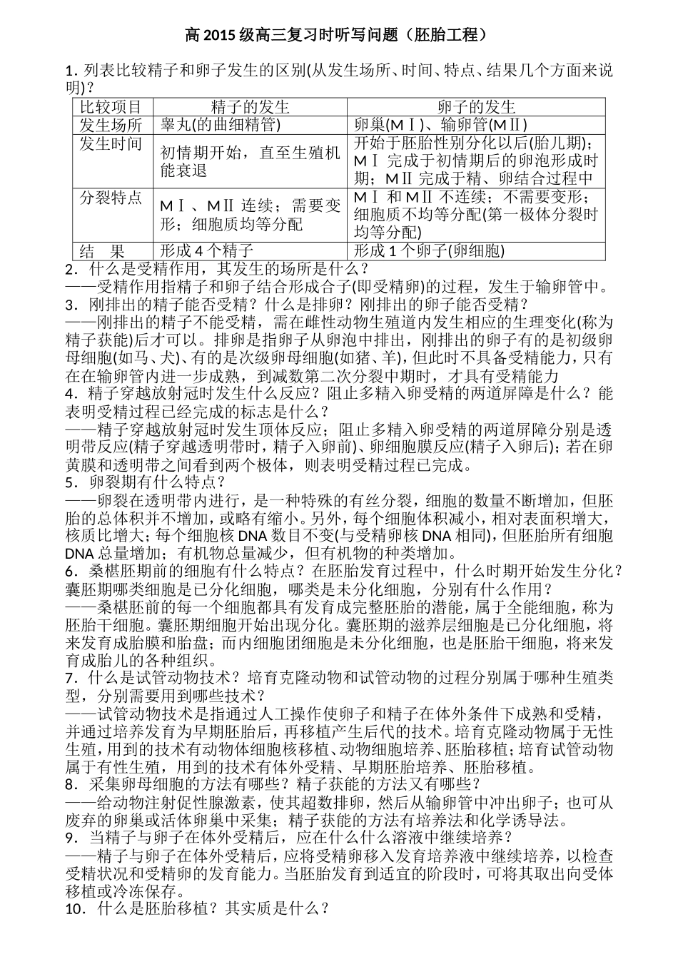 高2015级高三复习时听写问题（胚胎工程）_第1页