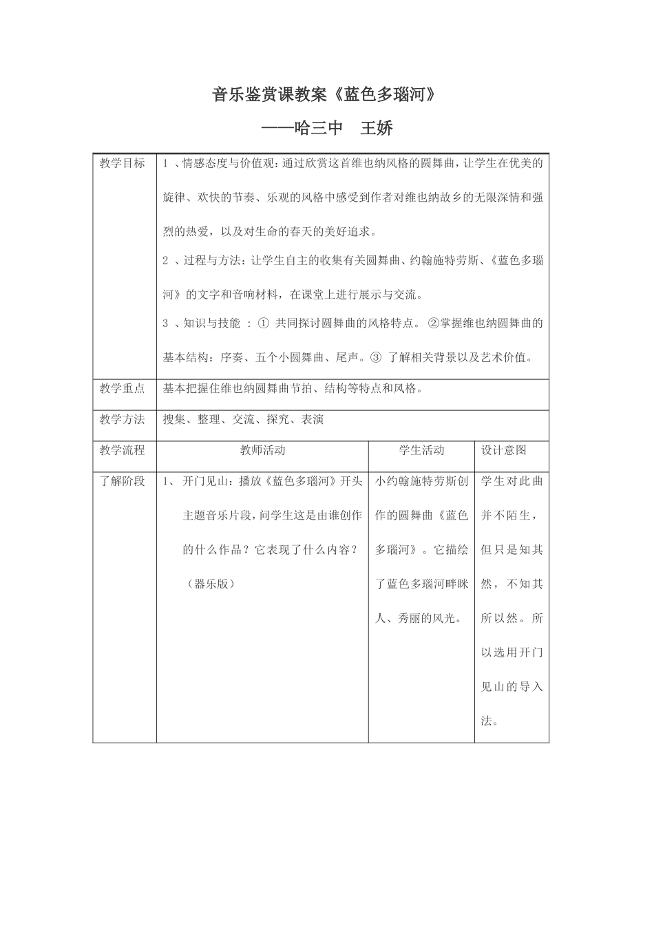音乐鉴赏课教学设计《蓝色多瑙河》_第1页