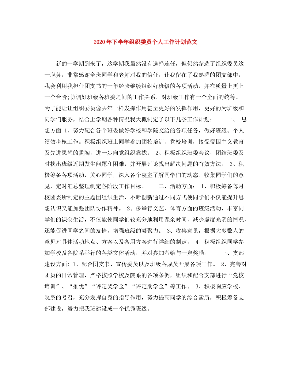 2020年下半年组织委员个人工作计划范文_第1页