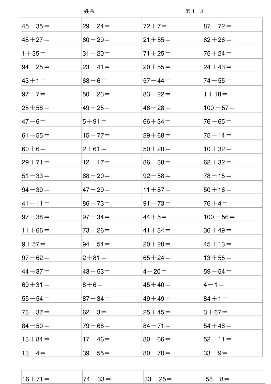 一年级100以内加减法练习题整理可打印_第1页