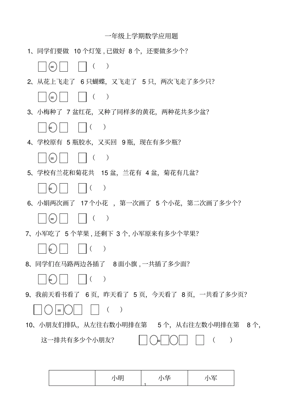 一年级上册数学应用题复习整理题_第1页