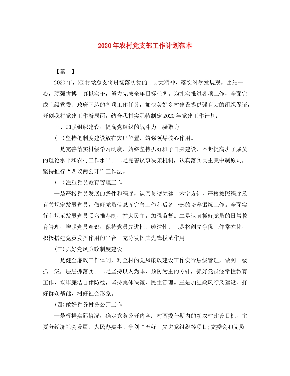 2020年农村党支部工作计划范本_第1页