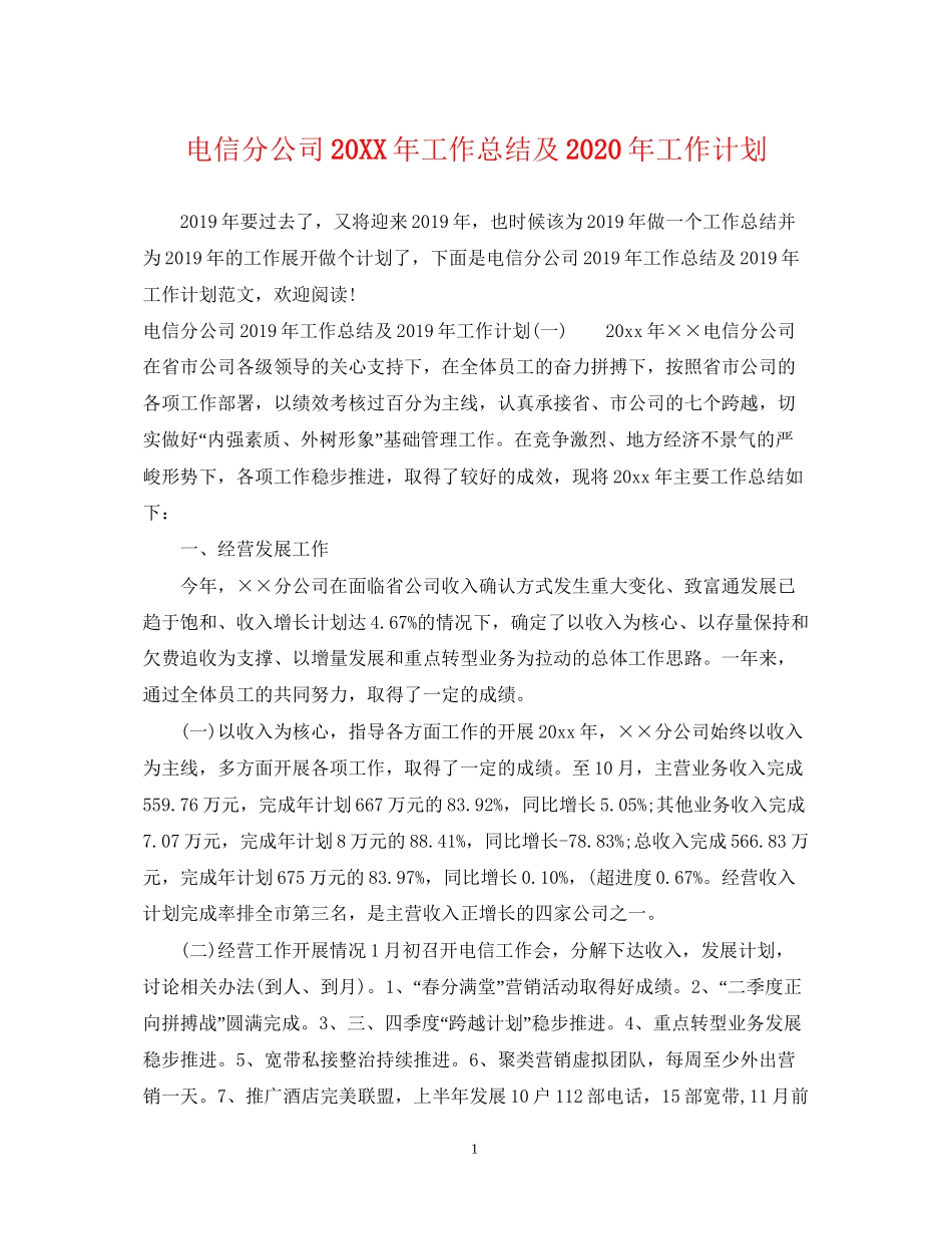 电信分公司工作总结及年工作计划_第1页