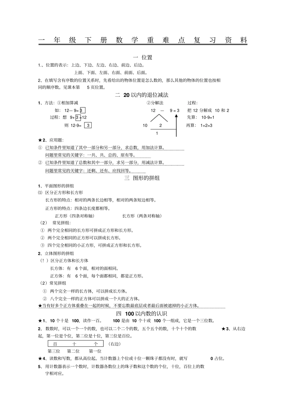 一年级下册数学重难点复习资料_第1页
