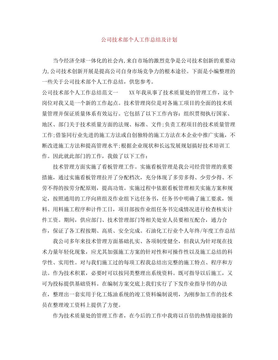 公司技术部个人工作总结及计划_第1页