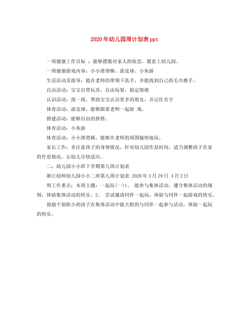 2020年幼儿园周计划表ppt_第1页