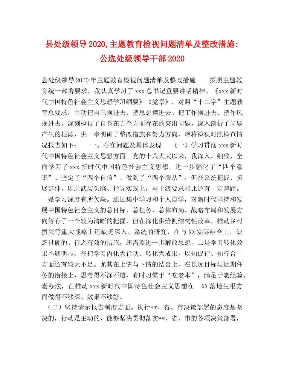 县处级领导2024,主题教育检视问题清单及整改措施-公选处级领导干部2024 _第1页