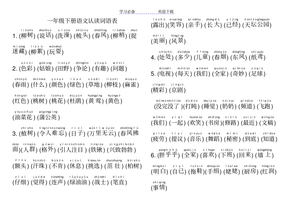 一年级下册语文认读词语表_第1页