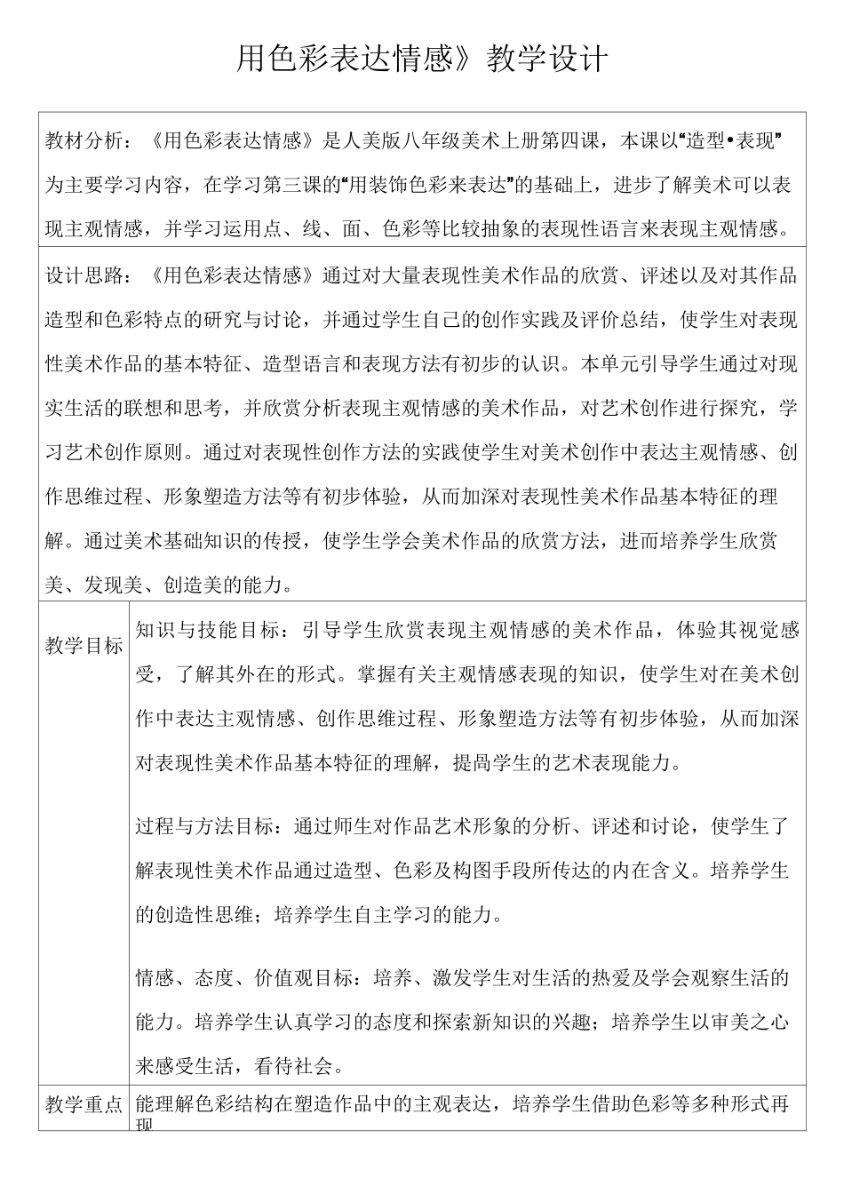 《 用色彩表达情感 》教学设计_第1页