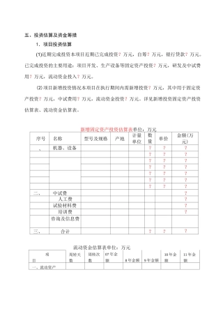 投资估算及资金筹措