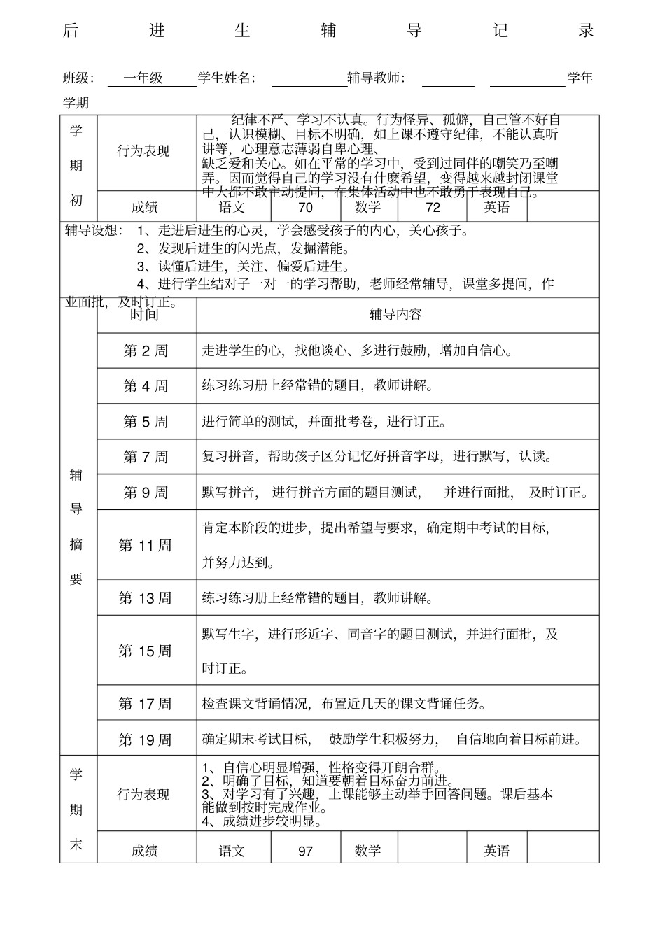 一年级后进生辅导记录_第1页