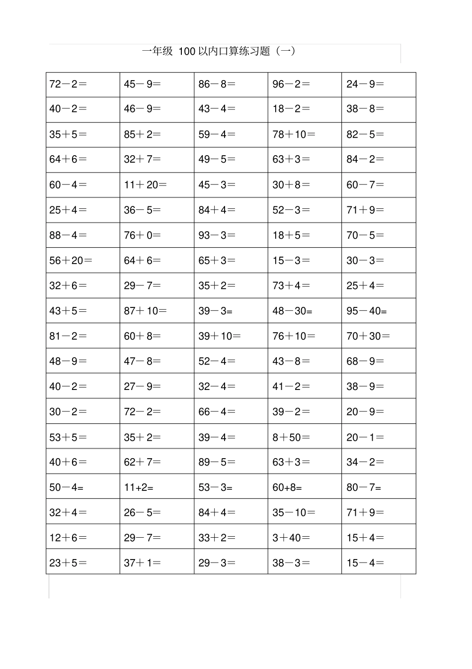 一年级数学下册100以内加减法口算练习题400题_第1页