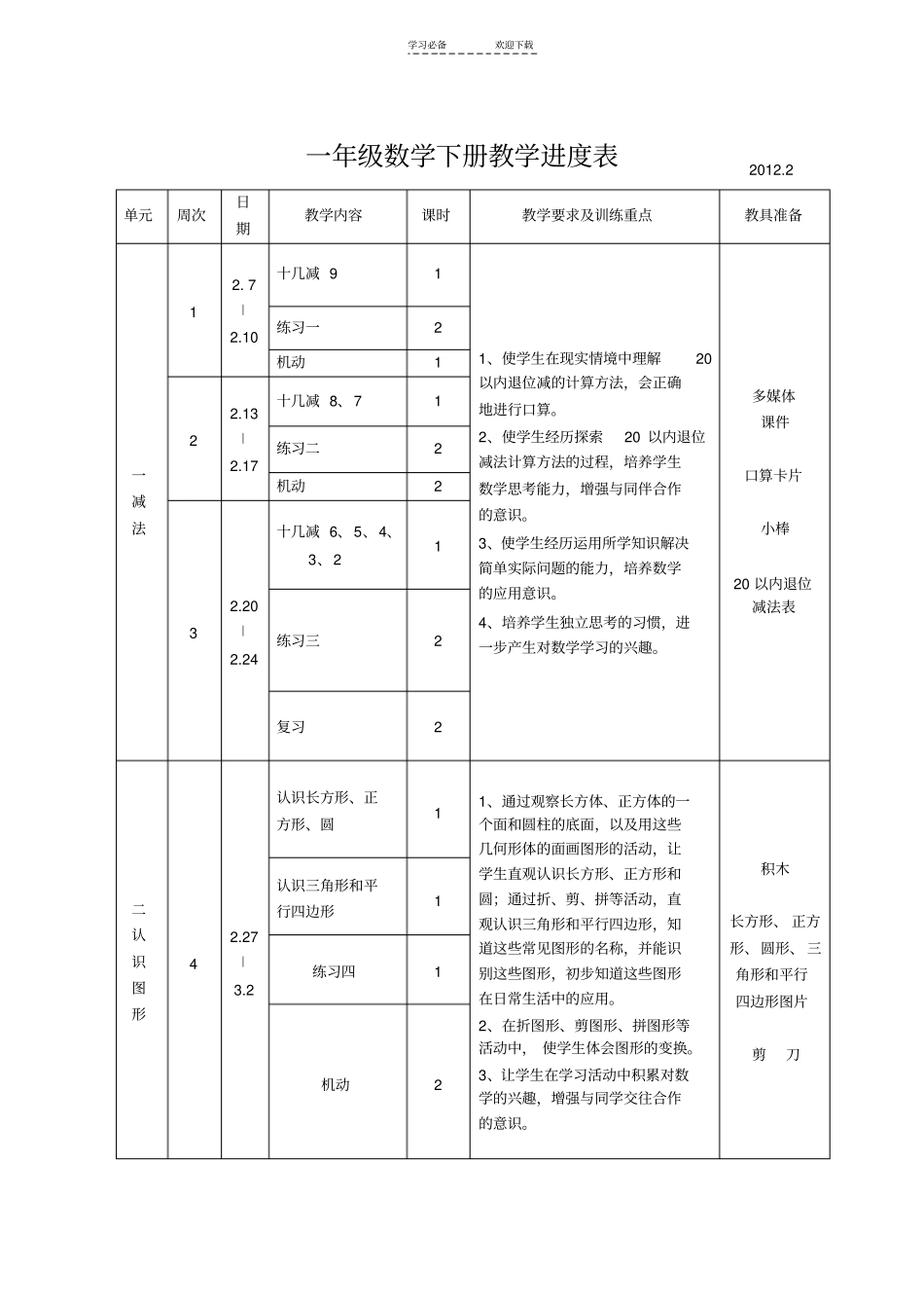 一年级数学下册教学进度表_第1页