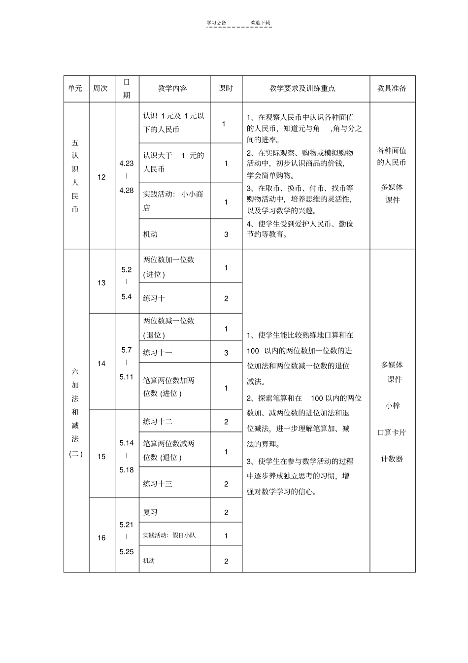 一年级数学下册教学进度表_第3页