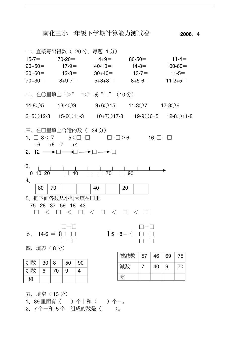 一年级数学下学期计算能力比赛_第1页