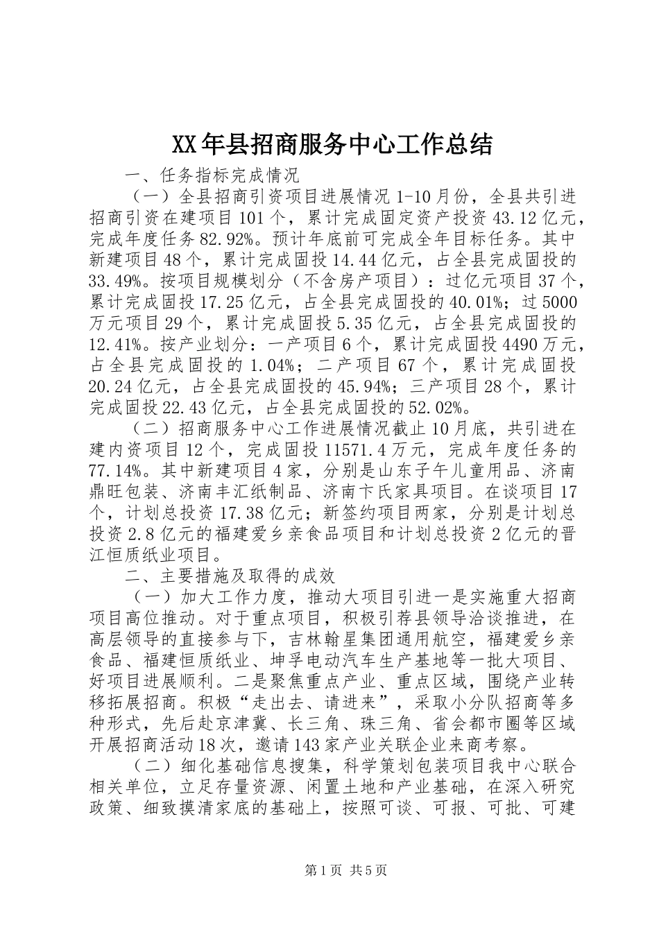 XX年县招商服务中心工作总结_第1页