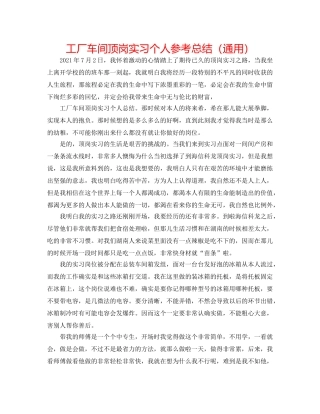 工厂车间顶岗实习个人参考总结（通用） 