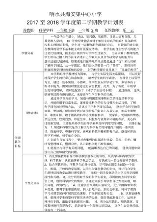 一年级科学下册教学计划表-乐云