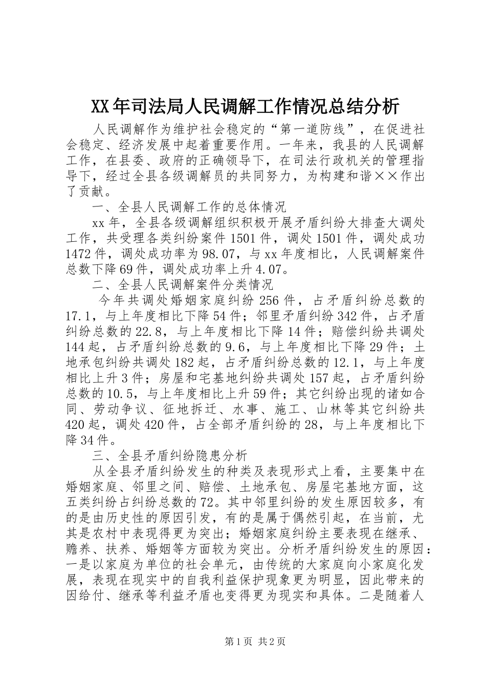 XX年司法局人民调解工作情况总结分析_第1页