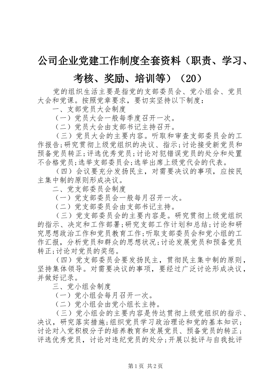 公司企业党建工作制度全套资料（职责、学习、考核、奖励、培训等）（20）_第1页
