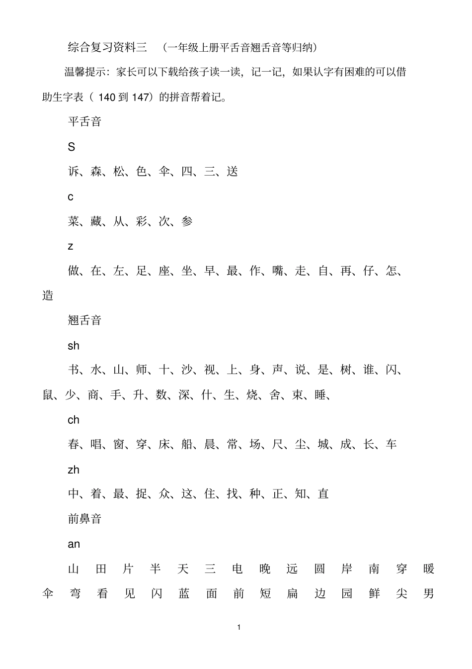 一年级语文上册平舌音翘舌音归纳、前鼻音后鼻音归纳及试题练习_第1页
