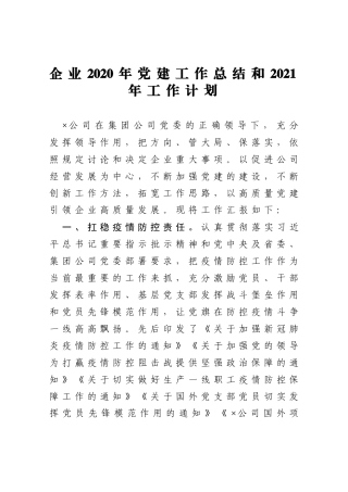 企业2020年党建工作总结和2021年工作计划