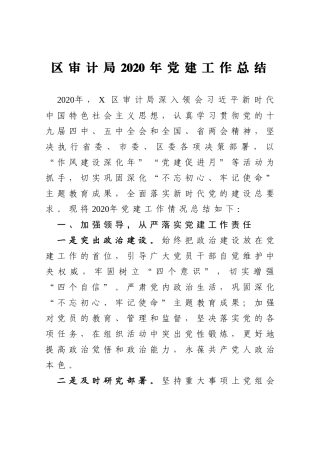 区审计局2020年党建工作总结