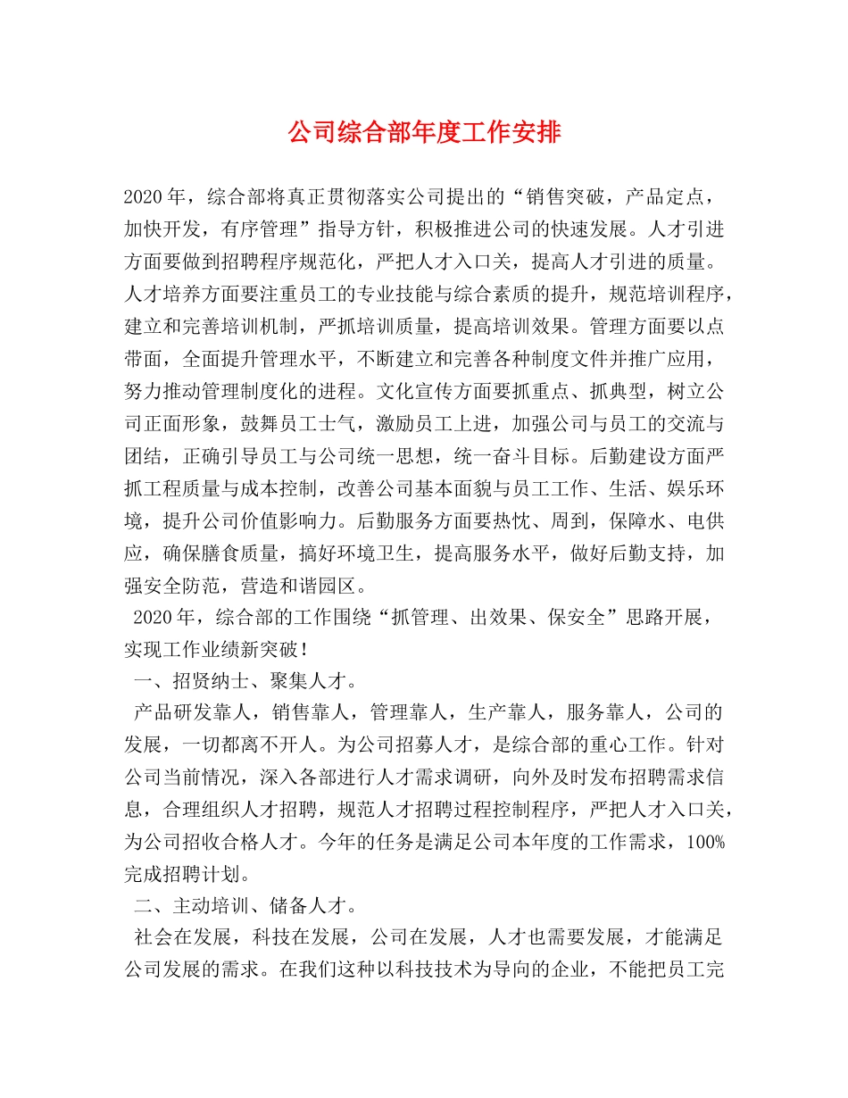 公司综合部年度工作安排 _第1页