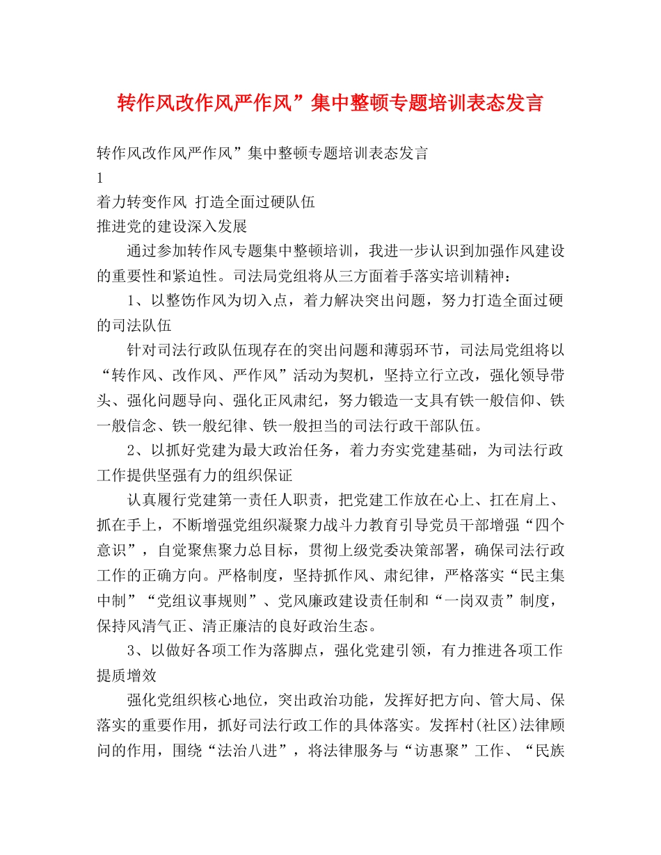 转作风改作风严作风”集中整顿专题培训表态发言 _第1页