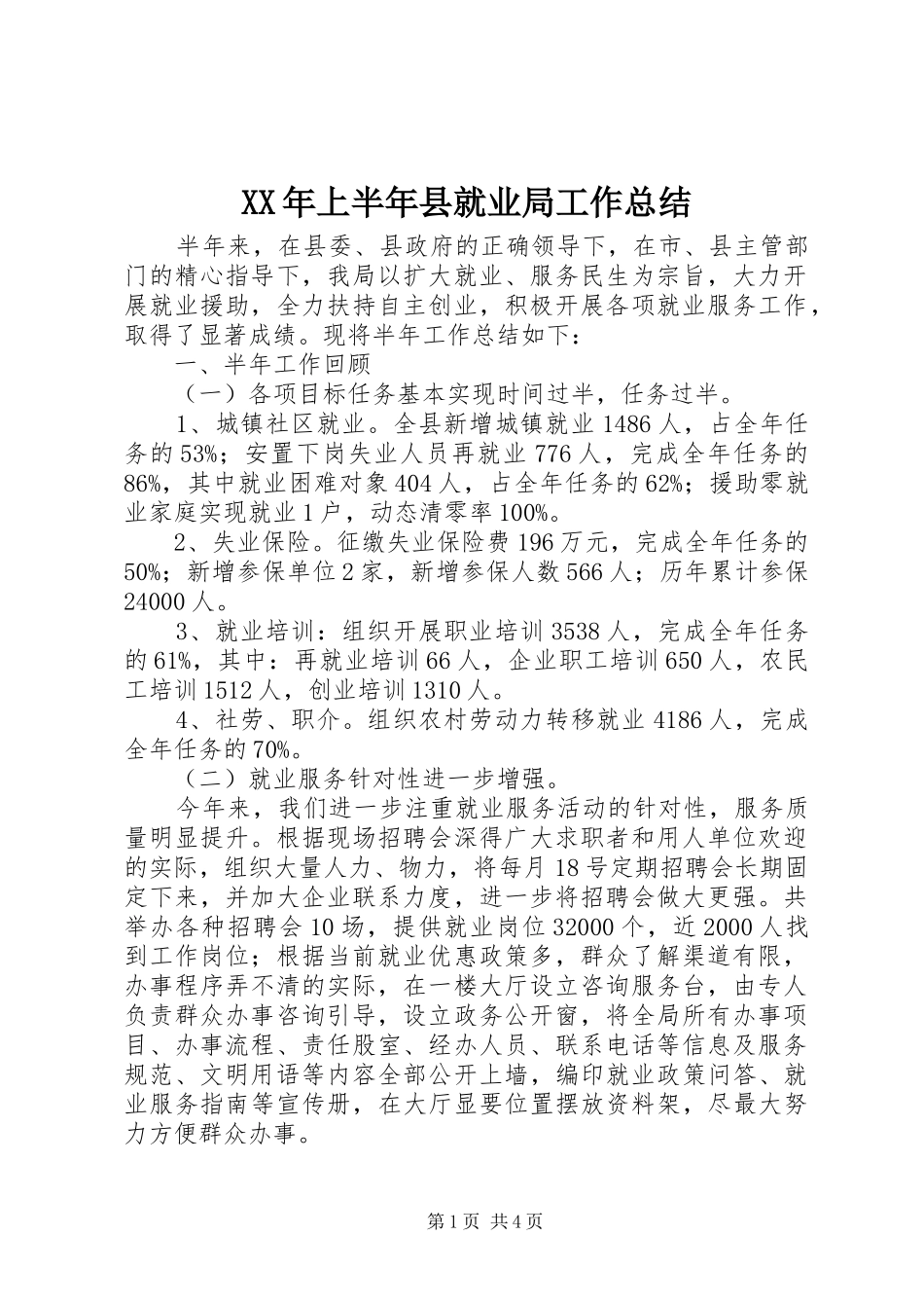XX年上半年县就业局工作总结_第1页