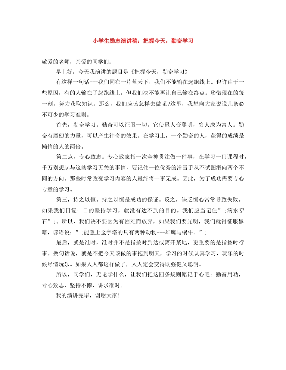 小学生励志演讲稿把握今天，勤奋学习 _第1页
