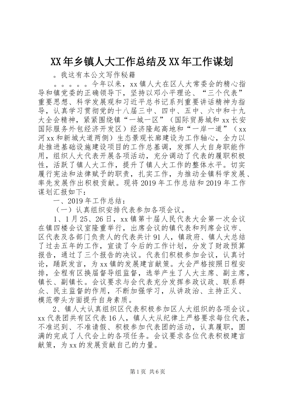 XX年乡镇人大工作总结及XX年工作谋划_第1页