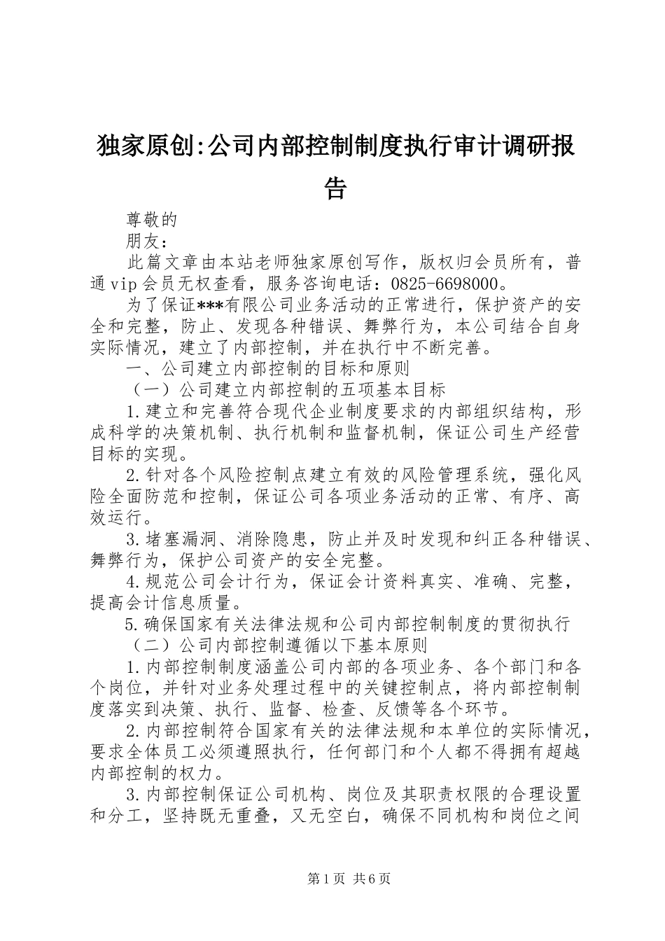 独家原创-公司内部控制制度执行审计调研报告_第1页
