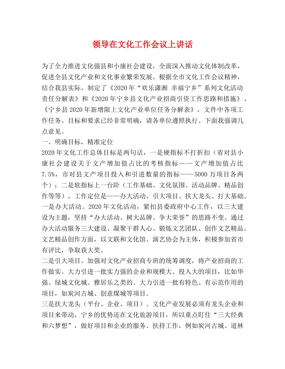 节日讲话-领导在文化工作会议上讲话 _第1页
