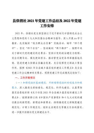 县供销社2021年党建工作总结及2022年党建工作安排