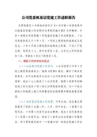 公司党委2020年基层党建工作述职报告