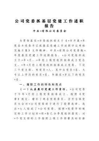 公司党委抓基层党建工作述职报告